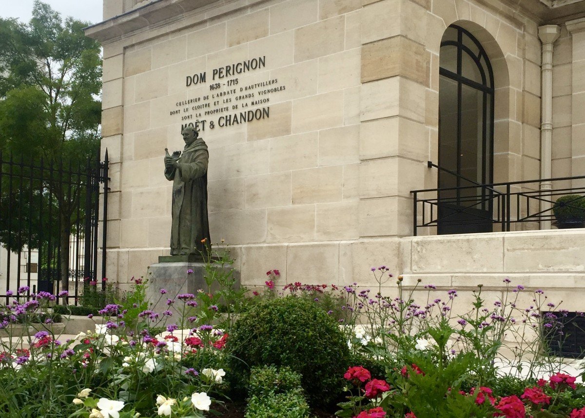 Dom perignon statue outside the Moët & Chandon cellars part of the Moët Chandon Tour.