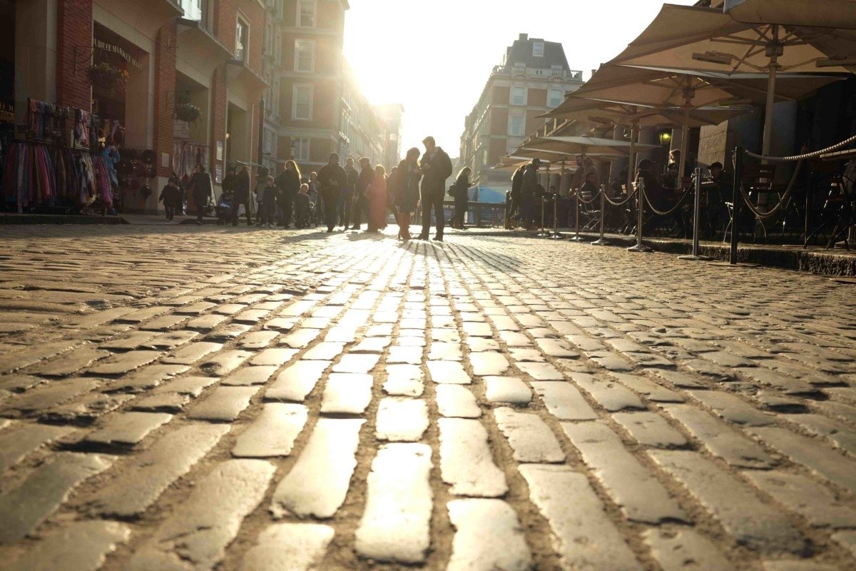 covent garden cobbles street in winter sun piazza