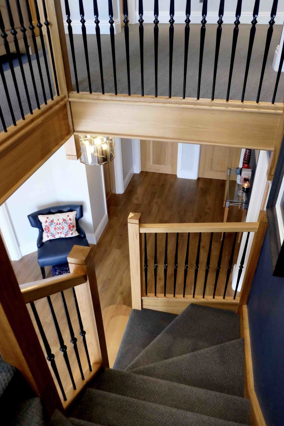 Oak staircase grey and navy colour scheme farrow and ball