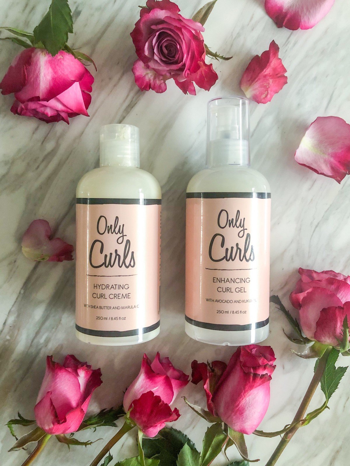 Only Curls Hair products, curl creme and curl gel for curly hair and curly girl method, with flowers