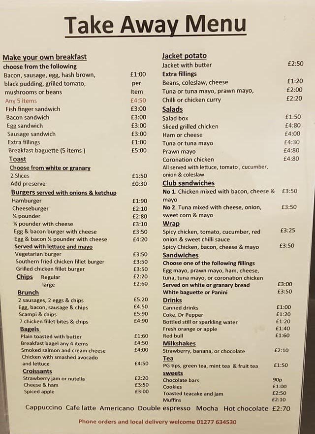 The Breakfast room billericay Essex Menu for take out 