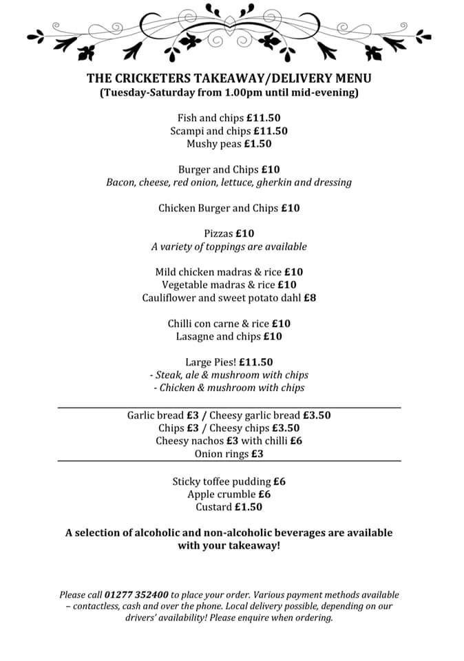 The Cricketers takeaway and delivery menu Ingatestone.