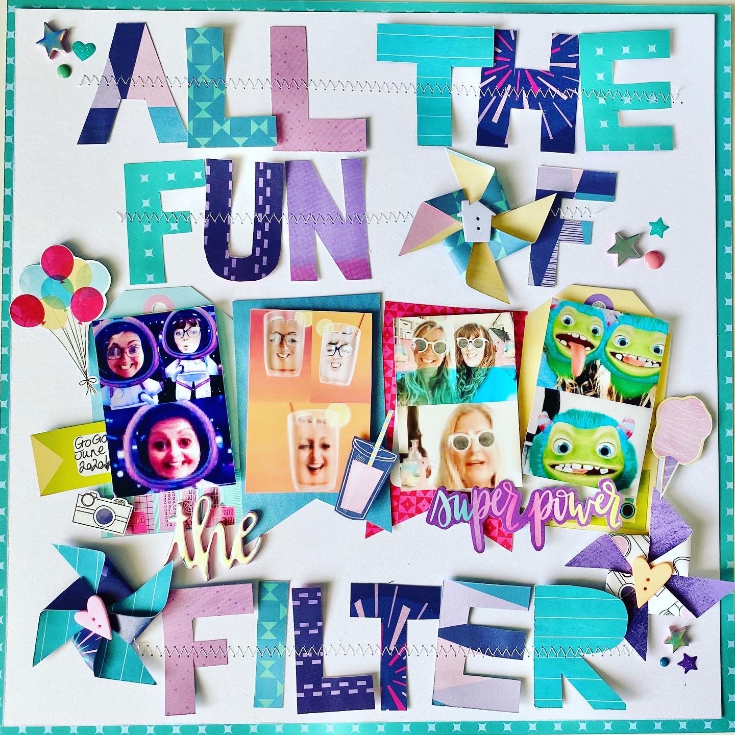 scrapbooking page of facebook messenger photos using Shimelle's Sparkle City paper. By Donna Vallance
