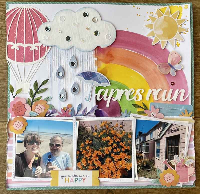 Scrapbooking page of first outdoor drinks using Paige's Pink Paislee Bloom street and painted rainbows by Donna Vallance