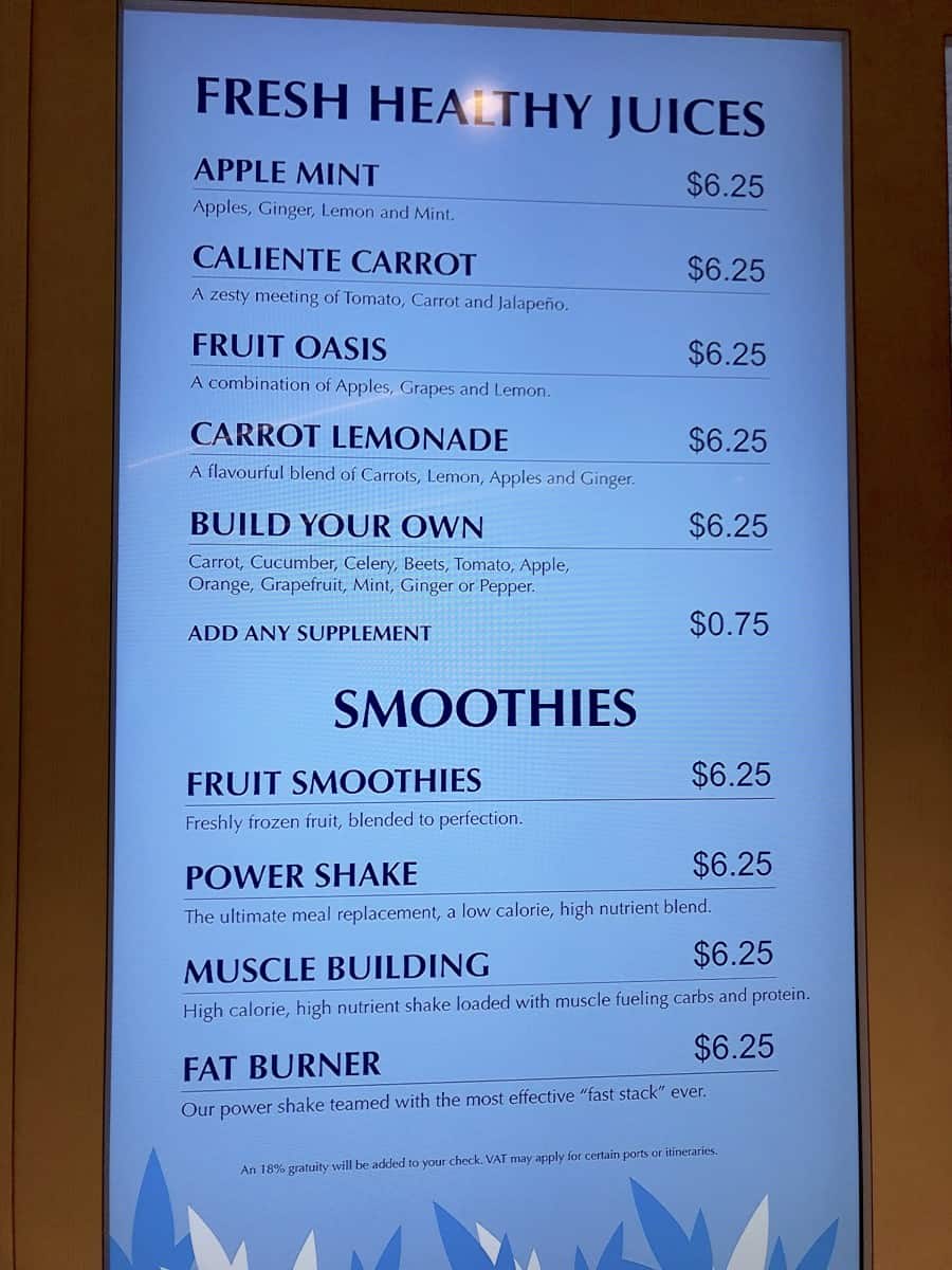 Vitality Bar smoothie cocktails and drinks menu onboard Royal Caribbean 