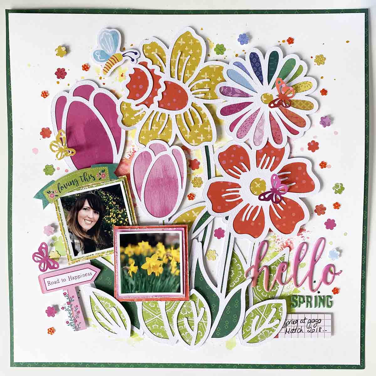 Spring Flowers scrapbooking layout and mixed media. Build your own Spring Flowers Cut File and free printables to download