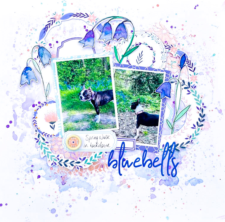 Bluebells scrapbooking page idea. Watercolour paint your own embellishments by Donna Vallance