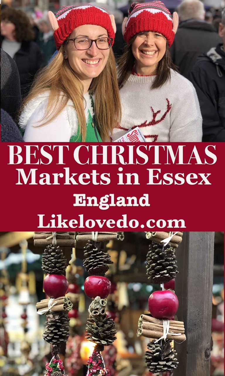 Where to find the best Christmas Markets in Essex England to find all you festive treats. Picture with two people wearing hats and Christmas decorations for christmas