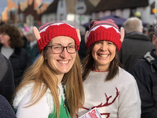 Two people with elf hats on at a Billericay christmas market Donna Vallance
