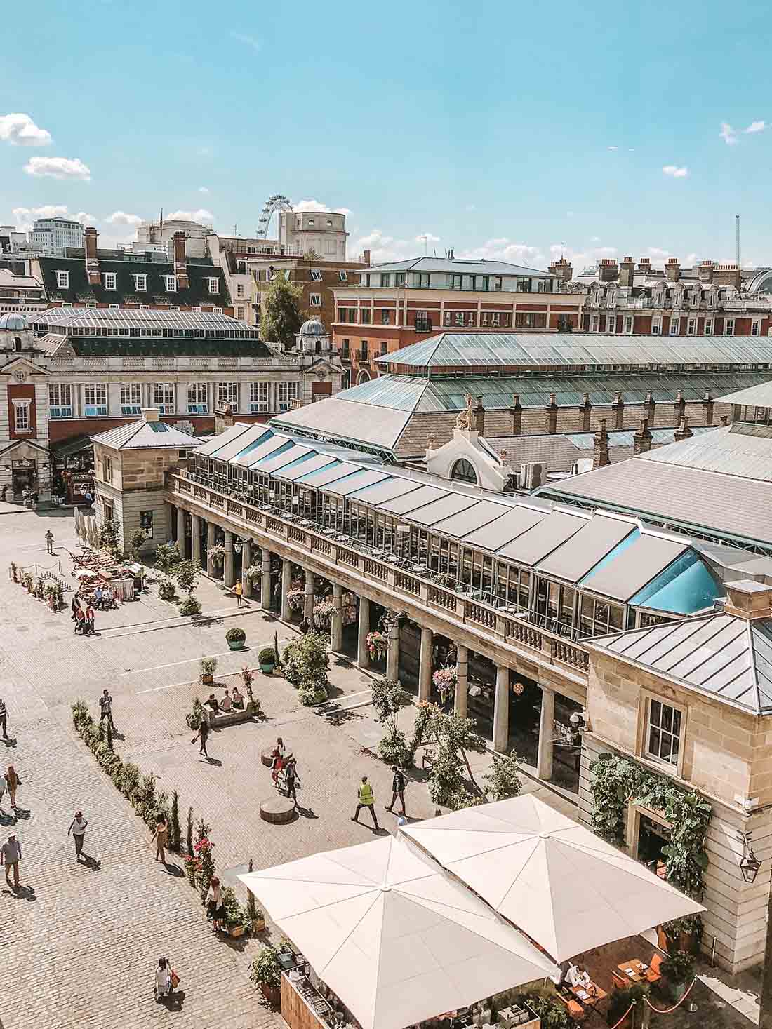 perfect Aerial shot of Covent Garden from above head to the Royal Opera house