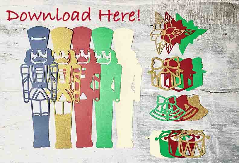 Layered Nutcracker and Christmas Svgs are perfect for christmas crafts and everything surrounding Christmas! A Nutcracker in layers, a drum in red green and gold, a bell, a poinsetta and a present for Christmas Cricut crafts, Cards and Scrapbooking.showing all or the layers
