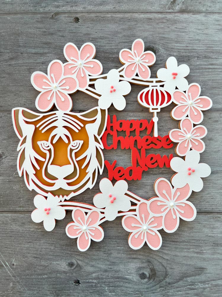 Year of the Tiger Chinese New Year SVG wreath With cherry blossoms 5 layers 