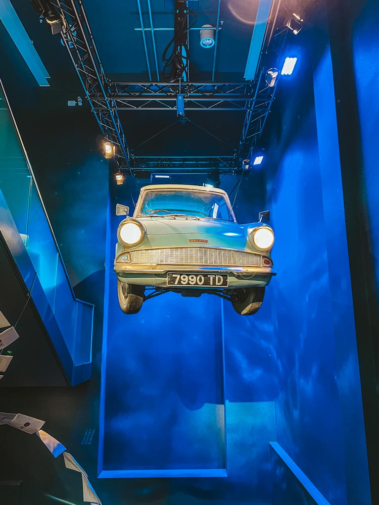 Ford anglia at the Harry Potter Photo Exhibit the famous flying ford anglia swaying above the foyer! Once it was flown high above St Pancras In london!