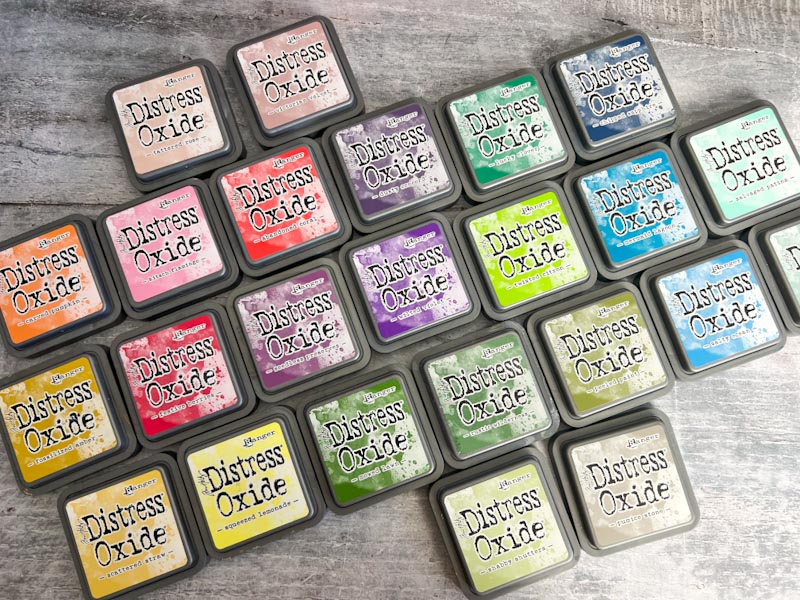 An assortment of colours of Ranger distress oxide stamp ink pads