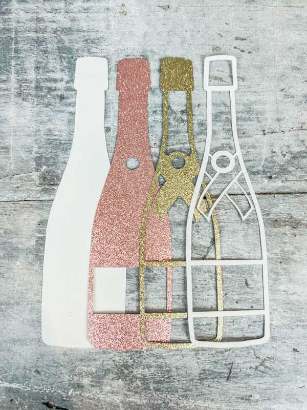 Layered Champagne Bottle SVG close up glitter bottle rose 4 layers of card cut file